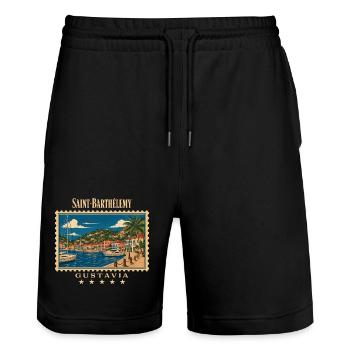 Saint-Barthélemy Gustavia Vintage Reisemarke - Stanley/Stella Unisex Bio Joggingshorts Trainer  - Schwarz - Vorne - Nik (191cm) & Marisol (170cm)