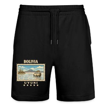 Bolivien Uyuni Vintage Reisemarke - Stanley/Stella Unisex Bio Joggingshorts Trainer  - Schwarz - Vorne - Nik (191cm) & Marisol (170cm)