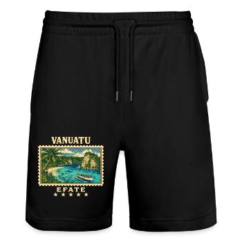 Vanuatu Efate Vintage Travel Brand - Stanley/Stella Trainer Unisex Organic Jogging Shorts - black - Front - Nik (191cm) & Marisol (170cm)
