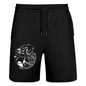 DEUTSCH DRAHTHAAR Wilsigns Jagdhund Jagdhunde - Stanley/Stella Unisex Bio Joggingshorts Trainer  - Schwarz - Vorne - Nik (191cm) & Marisol (170cm)