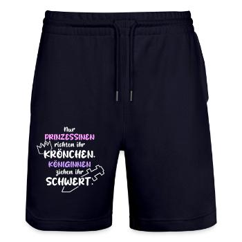 MUT TAPFER KÄMPFERIN KÖNIGIN SCHWERT PRINZESSIN - Stanley/Stella Unisex Bio Joggingshorts Trainer  - Dark navy - Vorne - Nik (191cm) & Marisol (170cm)