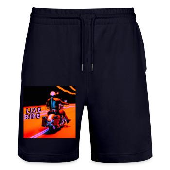 Rider and motorcycle rear view - modern outline - Stanley/Stella Trainer Unisex Organic Jogging Shorts - dark navy - Front - Nik (191cm) & Marisol (170cm)