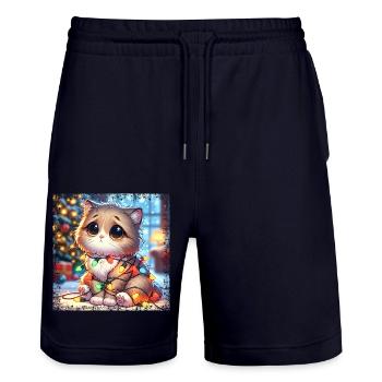 Cute Christmas Cat - Fairy Lights Chaos in the - Stanley/Stella Trainer Unisex Organic Jogging Shorts - dark navy - Front - Nik (191cm) & Marisol (170cm)