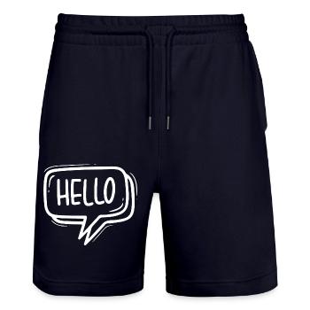 HELLO SPEECH BUBBLE GREETING SALUTATION WELCOME - Stanley/Stella Trainer Unisex Organic Jogging Shorts - dark navy - Front - Nik (191cm) & Marisol (170cm)