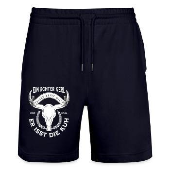 Kuh Spruch "Ein echter Kerl trinkt keine Milch... - Stanley/Stella Unisex Bio Joggingshorts Trainer  - Dark navy - Vorne - Nik (191cm) & Marisol (170cm)
