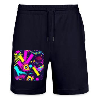 80s Neon Style Vintage Remix - Stanley/Stella Trainer Unisex Organic Jogging Shorts - dark navy - Front - Nik (191cm) & Marisol (170cm)