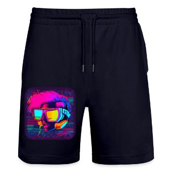 80s Retro Radio Star Party - Stanley/Stella Trainer Unisex Organic Jogging Shorts - dark navy - Front - Nik (191cm) & Marisol (170cm)
