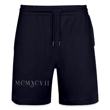 Roman Numeral Year of Birth Made in 1997 - Stanley/Stella Trainer Unisex Organic Jogging Shorts - dark navy - Front - Nik (191cm) & Marisol (170cm)