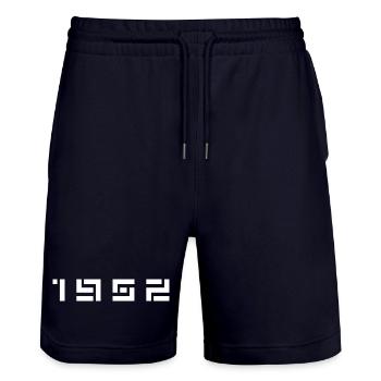 Year of Birth Birth Born In - Made in 1952 - Stanley/Stella Trainer Unisex Organic Jogging Shorts - dark navy - Front - Nik (191cm) & Marisol (170cm)