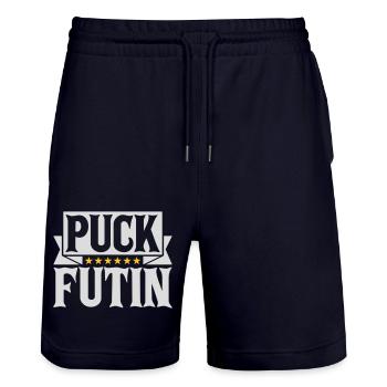 Conception du logo Puck Futin - Short de jogging bio TRAINER Stanley/Stella unisexe - marine foncé - Devant - Nik (191cm) & Marisol (170cm)