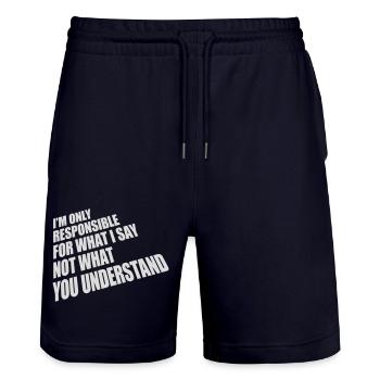 what I say quote - Stanley/Stella Trainer Unisex Organic Jogging Shorts - dark navy - Front - Nik (191cm) & Marisol (170cm)