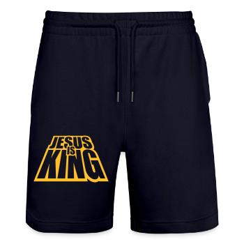 jesus is king quote - Stanley/Stella Trainer Unisex Organic Jogging Shorts - dark navy - Front - Nik (191cm) & Marisol (170cm)