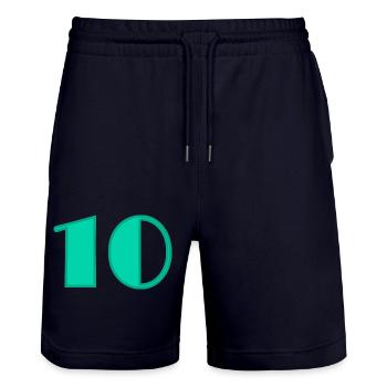 10 JAHRE. 10-JÄHRIGES JUBILÄUM. GEBURTSTAG 10 JAHRE. 10 - Stanley/Stella Unisex Bio Joggingshorts Trainer  - Dark navy - Vorne - Nik (191cm) & Marisol (170cm)