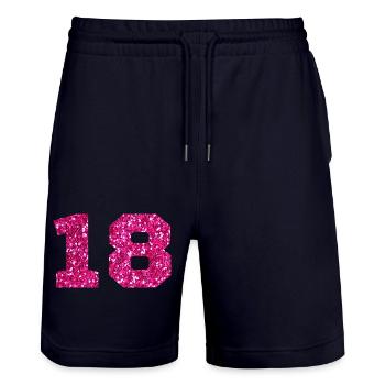 Nummer 18 Pink Glitter - 18. Geburtstag - Stanley/Stella Unisex Bio Joggingshorts Trainer  - Dark navy - Vorne - Nik (191cm) & Marisol (170cm)