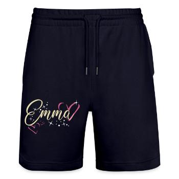Emma Last name First name Calligraphy heart - Stanley/Stella Trainer Unisex Organic Jogging Shorts - dark navy - Front - Nik (191cm) & Marisol (170cm)