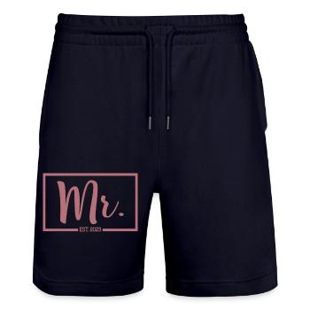Mr. Est. 2023 Verlobung für die Hochzeitsfeier des Bräutigams - Stanley/Stella Unisex Bio Joggingshorts Trainer  - Dark navy - Vorne - Nik (191cm) & Marisol (170cm)