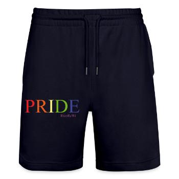 PrideSchriftzug Design_2024 - Stanley/Stella Unisex Bio Joggingshorts Trainer  - Dark navy - Vorne - Nik (191cm) & Marisol (170cm)