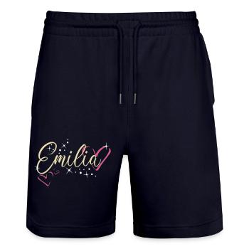 Emilia Surname First name Calligraphy Heart - Stanley/Stella Trainer Unisex Organic Jogging Shorts - dark navy - Front - Nik (191cm) & Marisol (170cm)