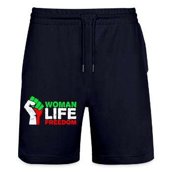 Woman, Life, Freedom | Free Iran! | Mit Flagge - Stanley/Stella Unisex Bio Joggingshorts Trainer  - Dark navy - Vorne - Nik (191cm) & Marisol (170cm)