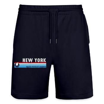 New York City Vintage Skyline Classic Retro Style - Stanley/Stella Trainer Unisex Organic Jogging Shorts - dark navy - Front - Nik (191cm) & Marisol (170cm)