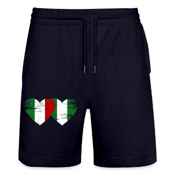 Italy Nigeria flag heart used - Stanley/Stella Trainer Unisex Organic Jogging Shorts - dark navy - Front - Nik (191cm) & Marisol (170cm)