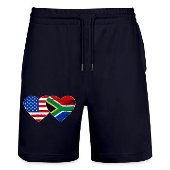 USA South Africa Flag Heart Shape Used - Stanley/Stella Trainer Unisex Organic Jogging Shorts - dark navy - Front - Nik (191cm) & Marisol (170cm)