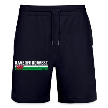 Haverfordwest Wales Retro Style for Heritage - Stanley/Stella Trainer Unisex Organic Jogging Shorts - dark navy - Front - Nik (191cm) & Marisol (170cm)
