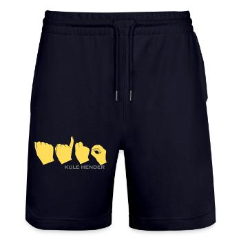 Aino de couleur jaune moutarde - Short de jogging bio TRAINER Stanley/Stella unisexe - marine foncé - Devant - Nik (191cm) & Marisol (170cm)