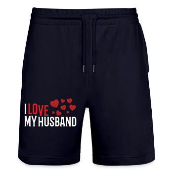 J'aime mon mari - Short de jogging bio TRAINER Stanley/Stella unisexe - marine foncé - Devant - Nik (191cm) & Marisol (170cm)