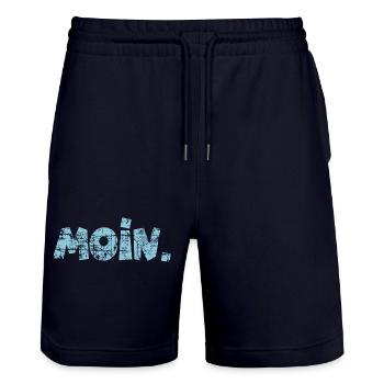 Moin. (Vintage Hellblau) Guten Morgen Gruß - Stanley/Stella Unisex Bio Joggingshorts Trainer  - Dark navy - Vorne - Nik (191cm) & Marisol (170cm)