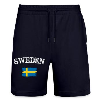 Sweden Flag Brush Art - Stanley/Stella Trainer Unisex Organic Jogging Shorts - dark navy - Front - Nik (191cm) & Marisol (170cm)