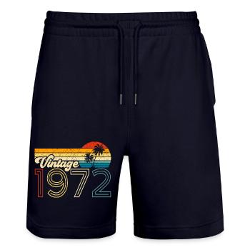 Vintage 70s design with retro palm trees - Stanley/Stella Trainer Unisex Organic Jogging Shorts - dark navy - Front - Nik (191cm) & Marisol (170cm)