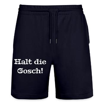 freche mundartsprüche, halt die gosch - Stanley/Stella Unisex Bio Joggingshorts Trainer  - Dark navy - Vorne - Nik (191cm) & Marisol (170cm)