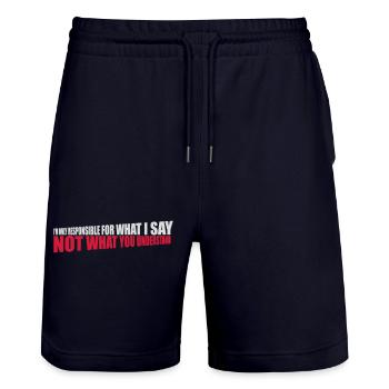 what I say quote - Stanley/Stella Trainer Unisex Organic Jogging Shorts - dark navy - Front - Nik (191cm) & Marisol (170cm)