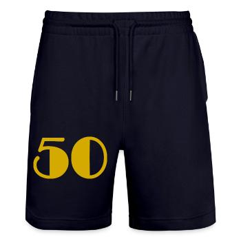 50. 50 YEARS. 50th ANNIVERSARY. BIRTHDAY 50 YEARS. - Stanley/Stella Trainer Unisex Organic Jogging Shorts - dark navy - Front - Nik (191cm) & Marisol (170cm)