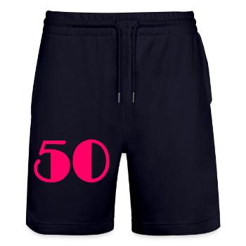 50. 50 JAHRE. 50-jähriges Jubiläum. GEBURTSTAG 50 JAHRE. - Stanley/Stella Unisex Bio Joggingshorts Trainer  - Dark navy - Vorne - Nik (191cm) & Marisol (170cm)