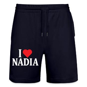 nom du t-shirt J’aime Nadia idée cadeau t-shirt - Short de jogging bio TRAINER Stanley/Stella unisexe - marine foncé - Devant - Nik (191cm) & Marisol (170cm)