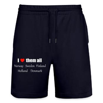 Je les aime tous - Short de jogging bio TRAINER Stanley/Stella unisexe - marine foncé - Devant - Nik (191cm) & Marisol (170cm)