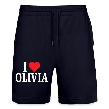 t-shirt I love Olivia t-shirt gift idea - Stanley/Stella Trainer Unisex Organic Jogging Shorts - dark navy - Front - Nik (191cm) & Marisol (170cm)