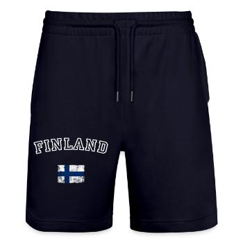 Finnish Flag Arch Tee - Stanley/Stella Trainer Unisex Organic Jogging Shorts - dark navy - Front - Nik (191cm) & Marisol (170cm)