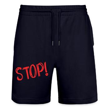 STOP. HUMOR. MESSAGE. QUOTATION. PANEL. DAD - Stanley/Stella Trainer Unisex Organic Jogging Shorts - dark navy - Front - Nik (191cm) & Marisol (170cm)