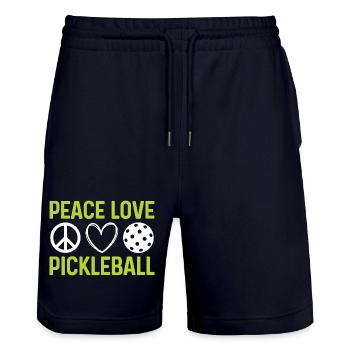 Peace Love Pickleball - Stanley/Stella Trainer Unisex Organic Jogging Shorts - dark navy - Front - Nik (191cm) & Marisol (170cm)