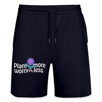 Lachende Blume & Spruch: Plant More Worry Less - Stanley/Stella Unisex Bio Joggingshorts Trainer  - Dark navy - Vorne - Nik (191cm) & Marisol (170cm)