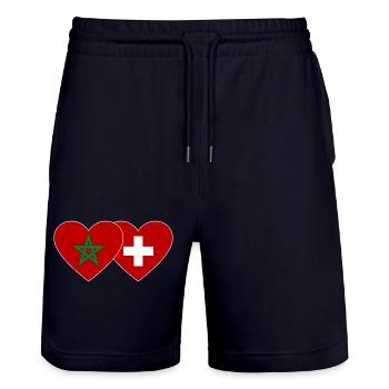 Marokko Schweiz Flagge Herz - Stanley/Stella Unisex Bio Joggingshorts Trainer  - Dark navy - Vorne - Nik (191cm) & Marisol (170cm)