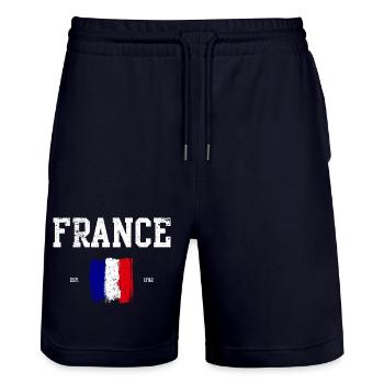French Flag Paint Strokes Design - Stanley/Stella Trainer Unisex Organic Jogging Shorts - dark navy - Front - Nik (191cm) & Marisol (170cm)