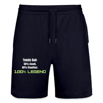 Tennis Dad: 50% Coach. 50% Chauffeur. 100% Legend. - Stanley/Stella Trainer Unisex Organic Jogging Shorts - dark navy - Front - Nik (191cm) & Marisol (170cm)