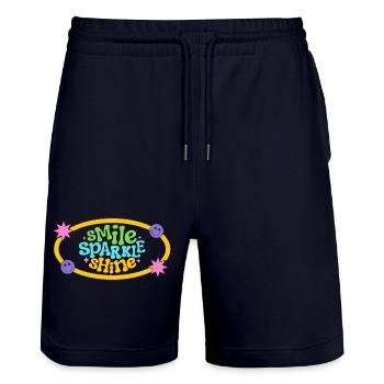 Colourful Retro Smile Text Design - Stanley/Stella Trainer Unisex Organic Jogging Shorts - dark navy - Front - Nik (191cm) & Marisol (170cm)