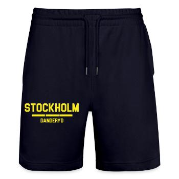Stockholm Danderyd City Skyline dans la nuit jaune - Short de jogging bio TRAINER Stanley/Stella unisexe - marine foncé - Devant - Nik (191cm) & Marisol (170cm)