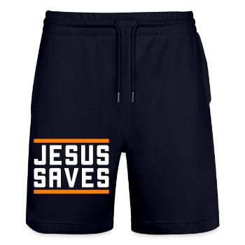 Jésus sauve d’une manière chrétienne - Short de jogging bio TRAINER Stanley/Stella unisexe - marine foncé - Devant - Nik (191cm) & Marisol (170cm)