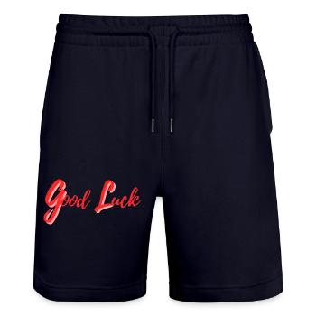 Good Luck Design in Calligraphic Style - Stanley/Stella Trainer Unisex Organic Jogging Shorts - dark navy - Front - Nik (191cm) & Marisol (170cm)